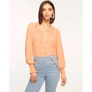 Ramy Brook Isla puff sleeve blouse button up peach boho designer size large L